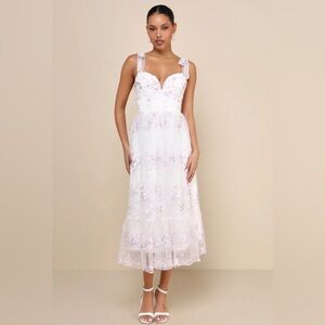 Lulu’s Distinctly Sweet White Floral Embroidered Tie-Strap Midi Dress.